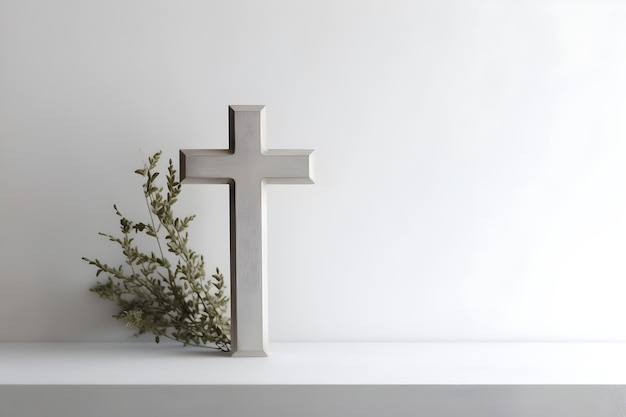 A cross on a white table with a plant in the corner
