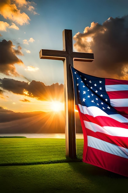 Cross with American flag and sunrise in the background