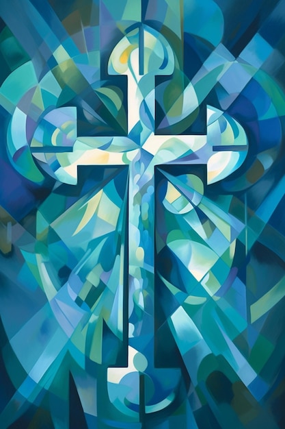 A cross with a blue background and the word jesus on it.