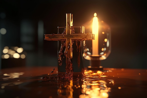 A cross with a candle lit in the background