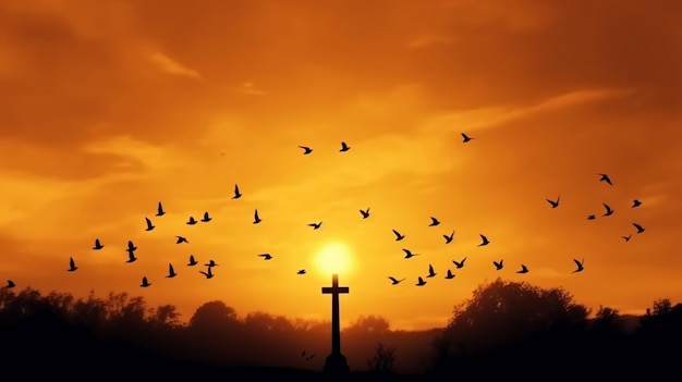 A cross with a cross and a flock of birds flying in the sky