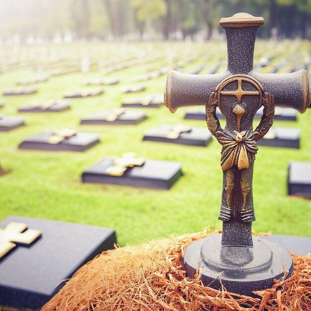 A cross with a cross on top of it in a field of grass.