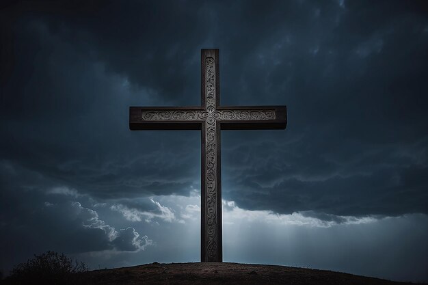 A cross with a dark sky behind it