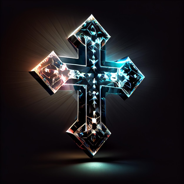 A cross with diamonds on it is lit up.