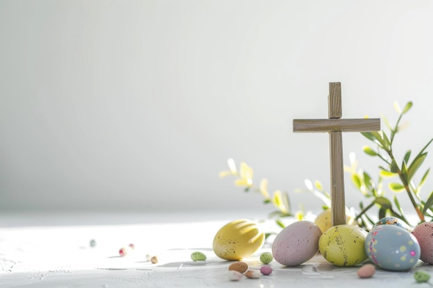 사진 백색 바탕에 부활절 달이 새겨진 십자가와 복사 공간 부활절