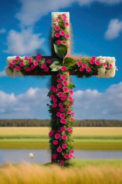 A cross with flowers on it
