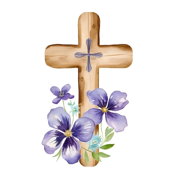 A cross with flowers and a purple pansies.