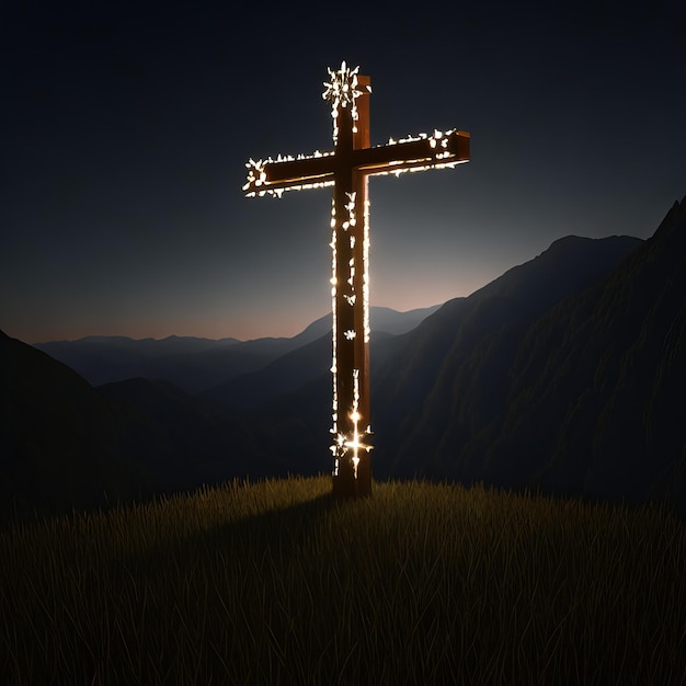 A cross with lights on it is lit up with a dark sky background