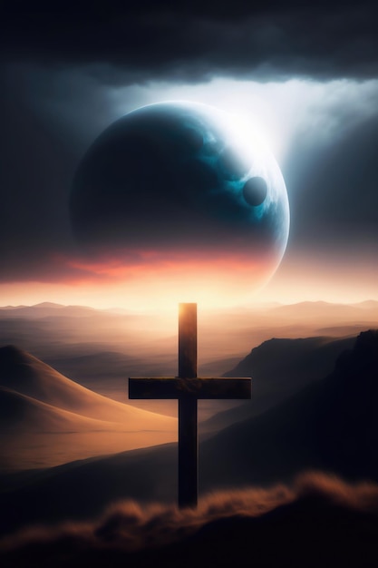 A cross with a moon and a planet in the background