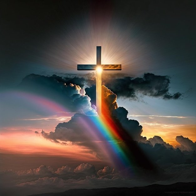 A cross with a rainbow on it in the sky