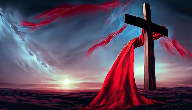 A cross with a red cloth draped over it on beautifull nigth