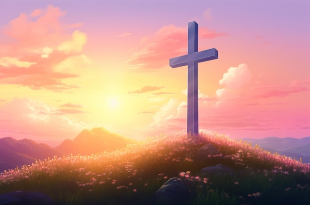 A cross with the sun behind it at sunset