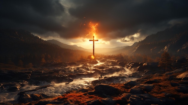 A cross with the sun behind it