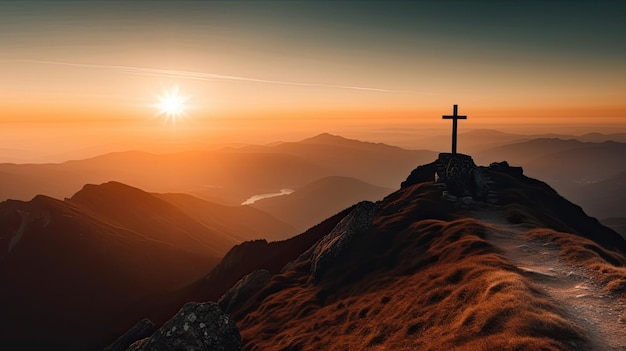 The cross with the sun behind mountain landscape Generative AI