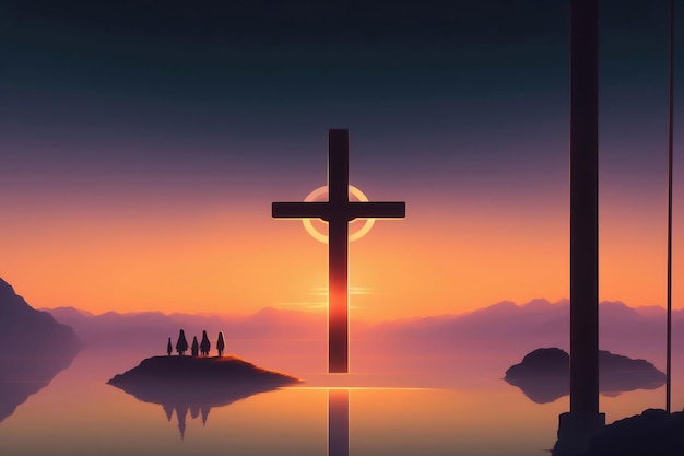 A cross with the sun setting behind it