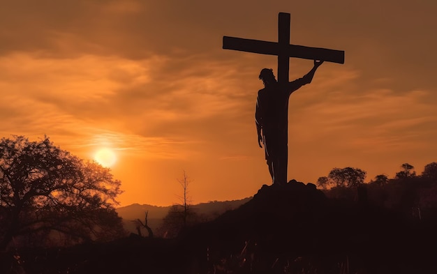 A cross with the sun setting behind it