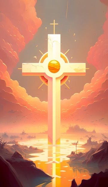 A cross with a sunset in the background
