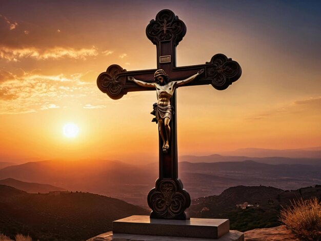 a cross with a sunset in the background