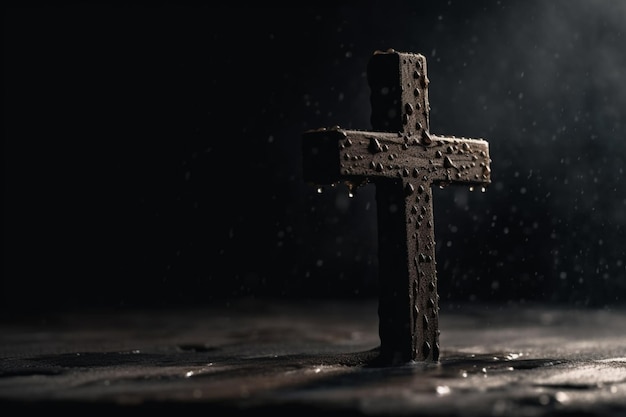 A cross with water drops on it in the dark