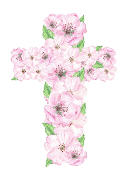 Cross with watercolor flowers for Easter First Communion Baptism Illustration cherry blossom