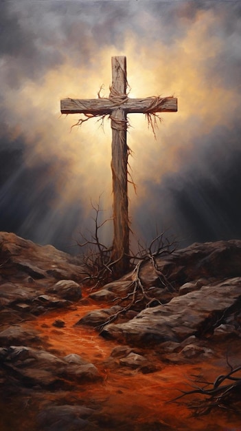 상단에 "crucifixion"이라는 단어가 있는 십자가.