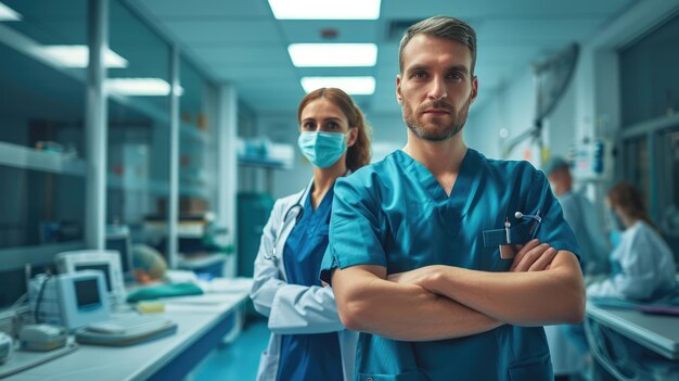 Photo crossarmed doctor and surgeon at the hospital