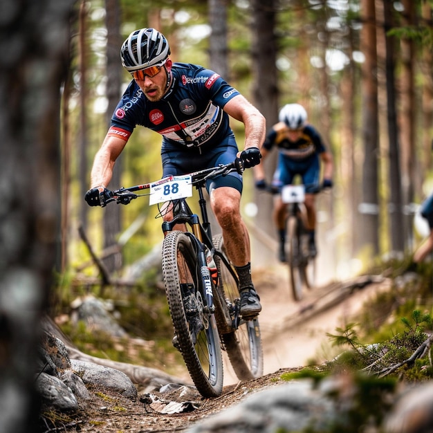 Crosscountry Mountain Biking Champion in Forest Trail PNG Image