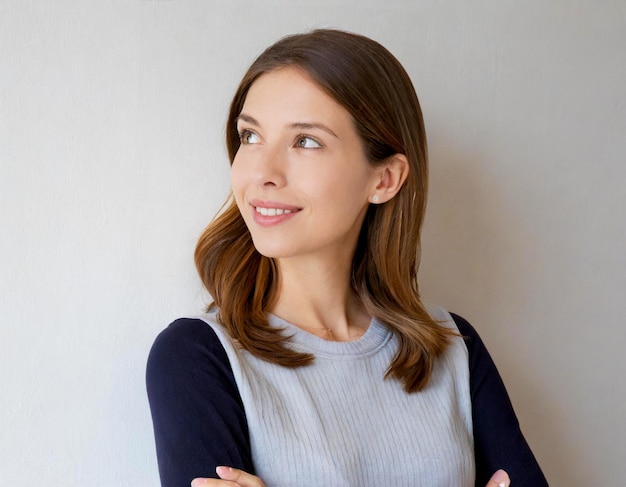 crossed arms folded beautiful young woman brunette pretty looking side posing on white background wa