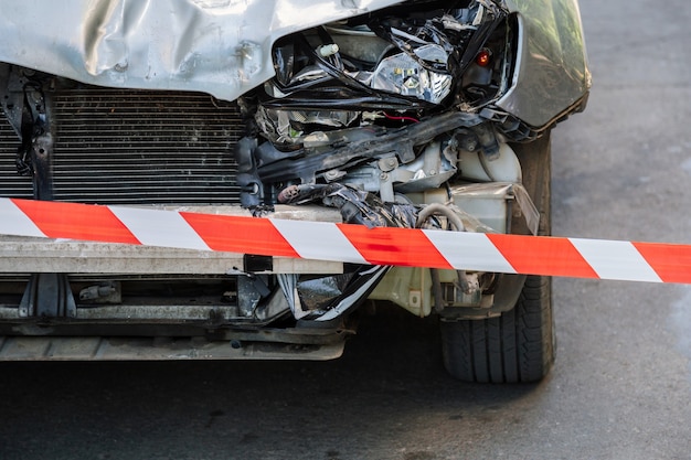 Crossed red white warning tape in front of car accident. broken\
hood of car on road fenced by red warning tape. broken bumper and\
car headlights with light on road surface asphalt with nobody.