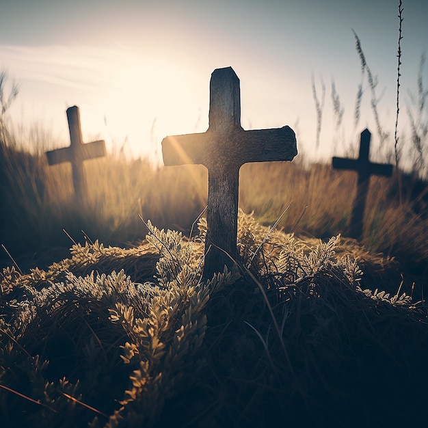 Crosses stand on a hillock in a field in rays of morning sun Easter Illustration Generation AI