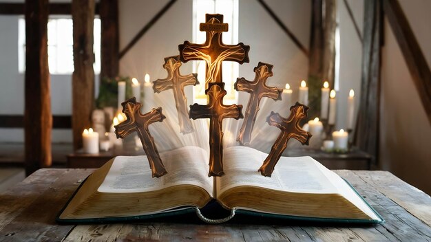 Crosses that open above the bible on a wooden table