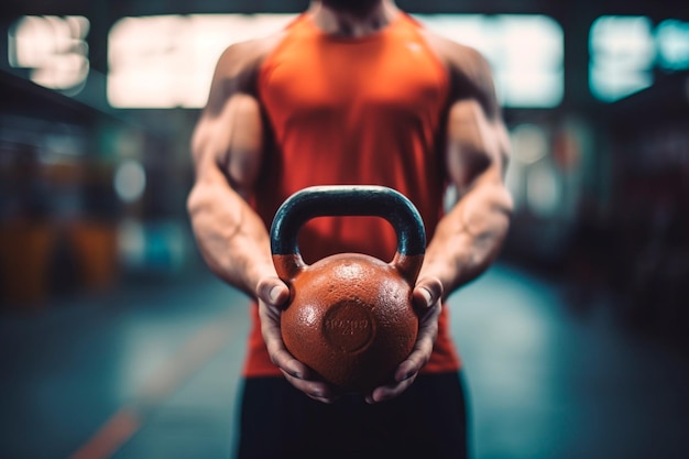 Спортсмен кроссфита с весом Kettlebell демонстрирует силу и решимость в сложной тренировке