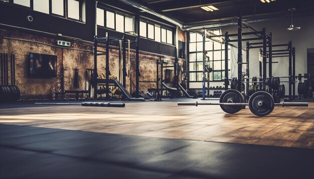 Photo a crossfit gym with a barbell on the floor