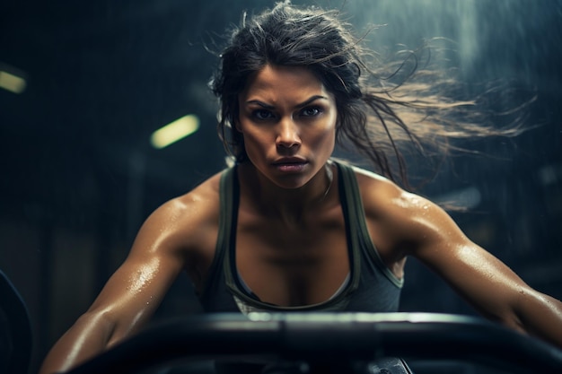 Crossfit woman doing intense cardio training on exercise air bike