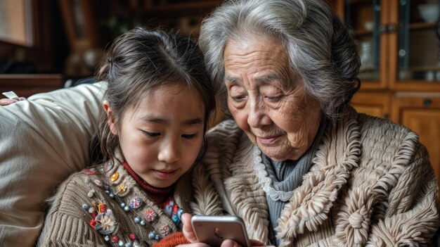 CrossGenerational Interaction Older Woman and Young Girl Connect Over Cell Phone