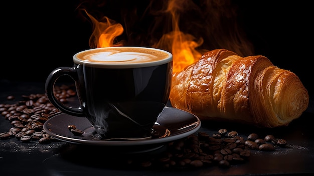 Photo crossiant with hot coffee over dark background