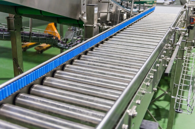 Photo crossing of the roller conveyor at food manufacture plant
