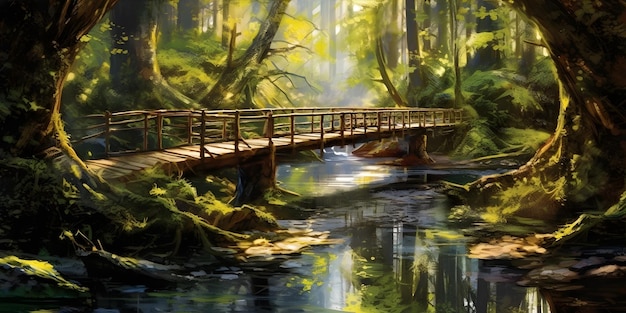 Crossing a Rustic Bridge A narrow wooden bridge stretches across a crystalclear river nestled within a vibrant forest