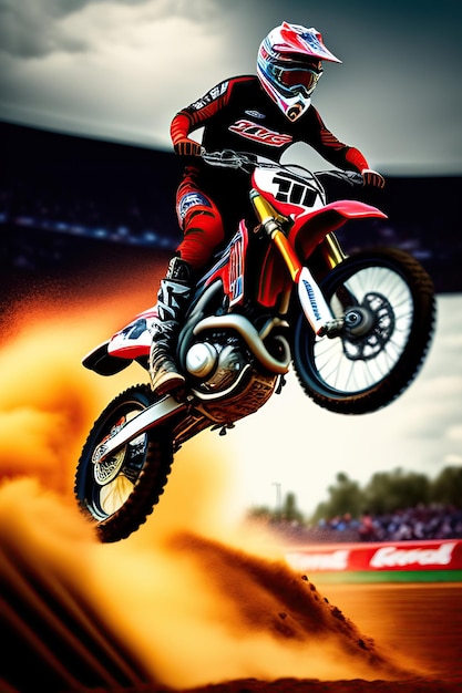 Crossmotorrijder doet een grote sprong Supercross motorcross hoge snelheid Sportconcept Digitale kunst