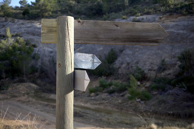 A crossroads sign, crossroads on a hiking trail, rural hiking