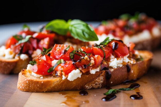 Crosssection of bruschetta with ricotta showing texture details