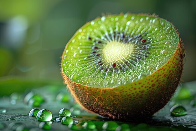 Photo a crosssection of a kiwi fruit showing its vibrant green flesh and tiny black seeds