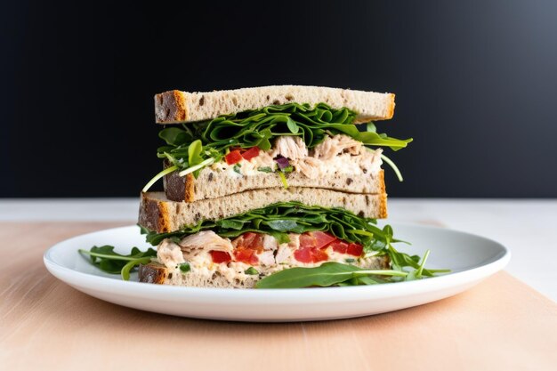 Crosssection of a tuna salad sandwich on a white plate