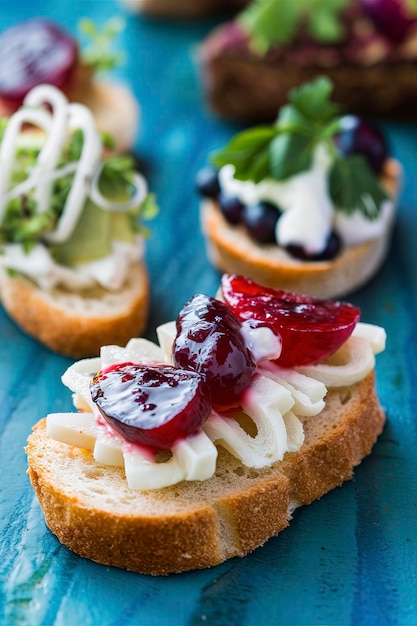 Crostini bruschetta met pruimenbessenmarmelade en geitenkaas op een blauwe turquoise blauwe achtergrond