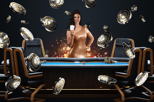 Croupier girl at the poker table poker room poker game casino\
texas hold\'em online game card games modern design magazine\
style