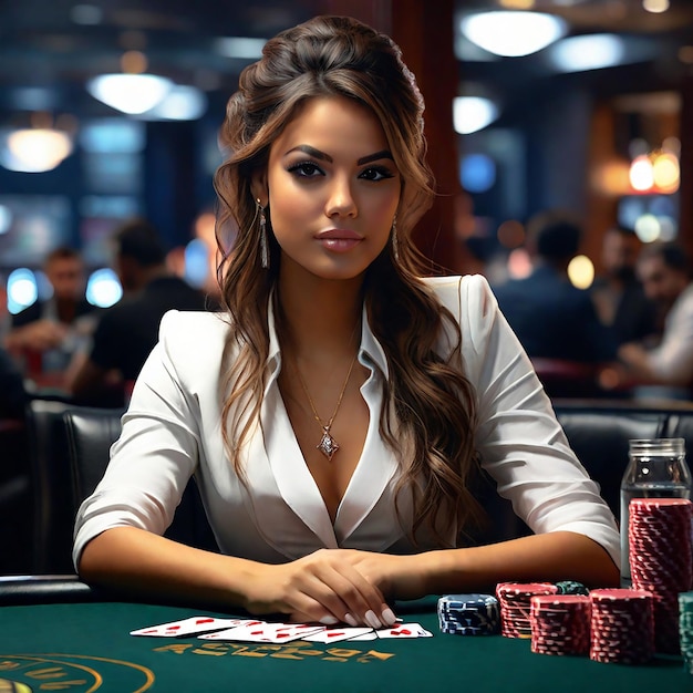 Foto ragazza croupier al tavolo da poker nella sala da poker per il gioco di poker casino texas gioco online