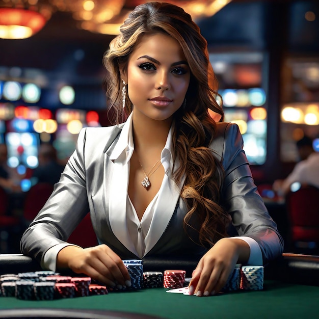 Foto ragazza croupier al tavolo da poker nella sala da poker per il gioco di poker casino texas gioco online