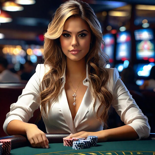 Foto ragazza croupier al tavolo da poker nella sala da poker per il gioco di poker casino texas gioco online