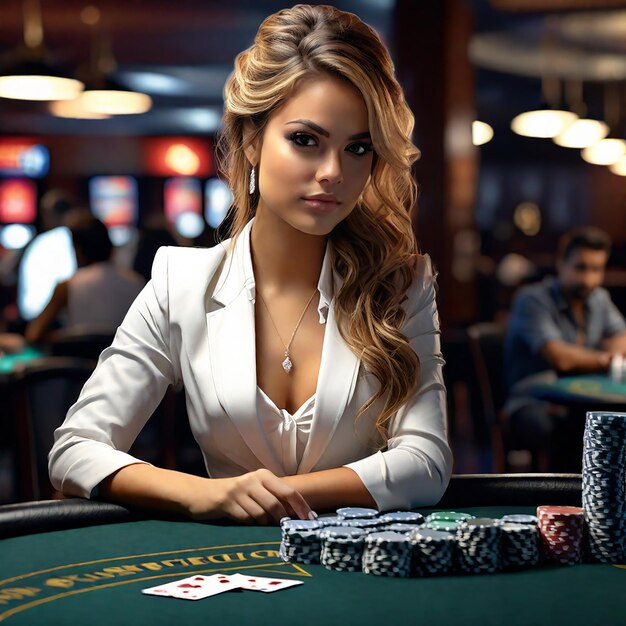 Foto ragazza croupier al tavolo da poker nella sala da poker per il gioco di poker casino texas gioco online