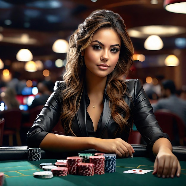 Photo croupier girl at the poker table at poker room for poker game casino texas online game